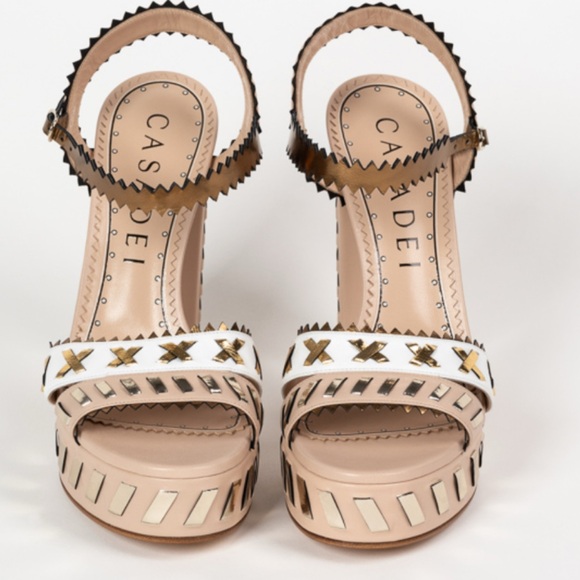 Casadei White and Tan Sandals with Gold Accents - Picture 1 of 1